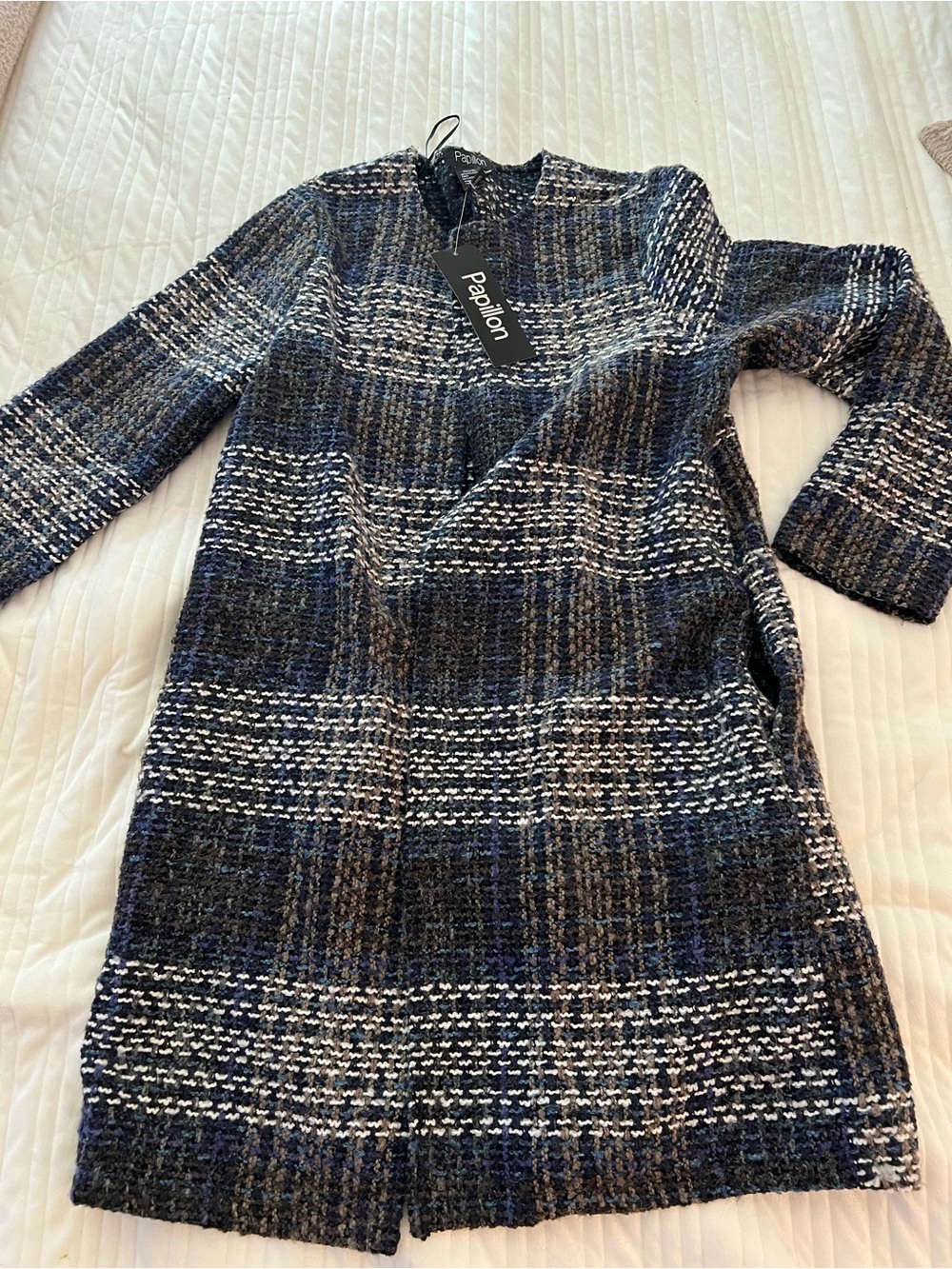 Papillon Blanc Navy, Black & White Plaid Long Sleeve Tweed Dress